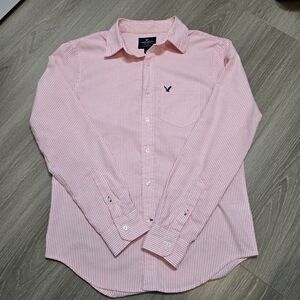 American Eagle Men's Pink Striped Shirt Button Up Classic Fit Size S